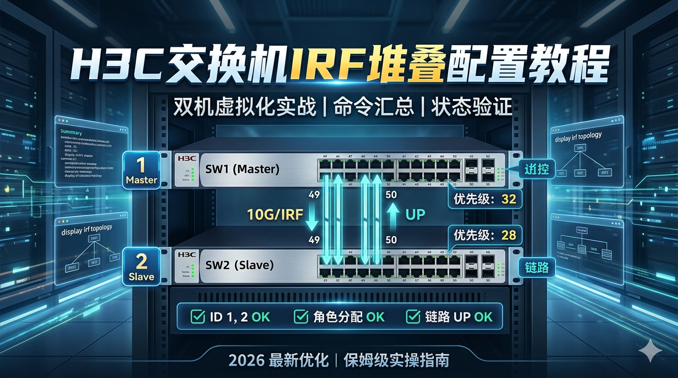H3C 交换机 IRF 堆叠配置保姆级教程：双机虚拟化实战与命令汇总